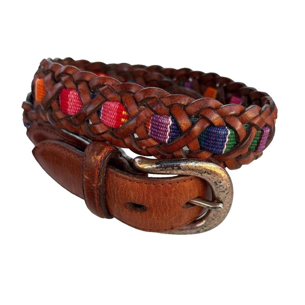 Vintage Fossil Belt Womens Small 28 Braided Leather Fabric Boho Guatemala